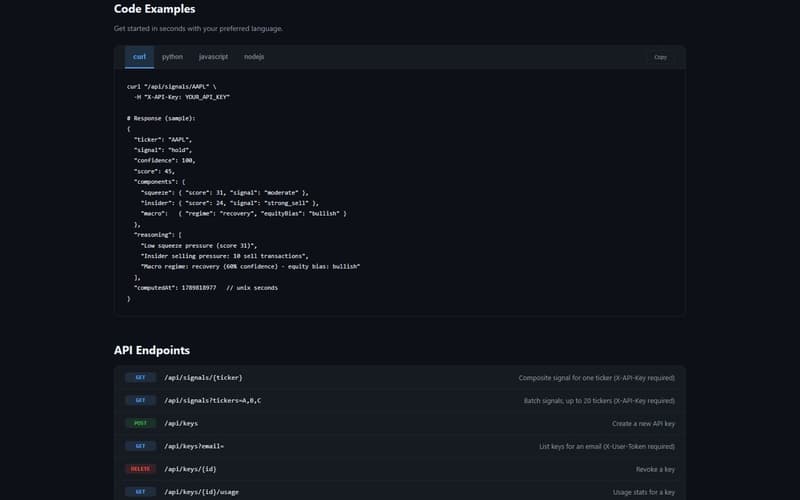 The Signal API developer portal showing request and response examples and the list of API endpoints
