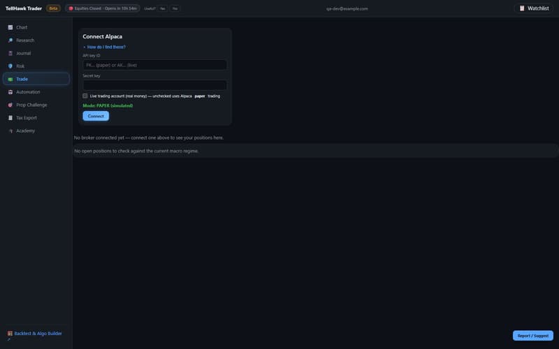 TellHawk Trader's brokerage connection screen, with a paper/live trading toggle